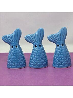 Set Of 3 Blue Ceramic Mermaid Tail Salt & Pepper Shakers Coastal Kitchen Decor